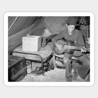 Farm Worker Playing Guitar, 1939. Vintage Photo Sticker